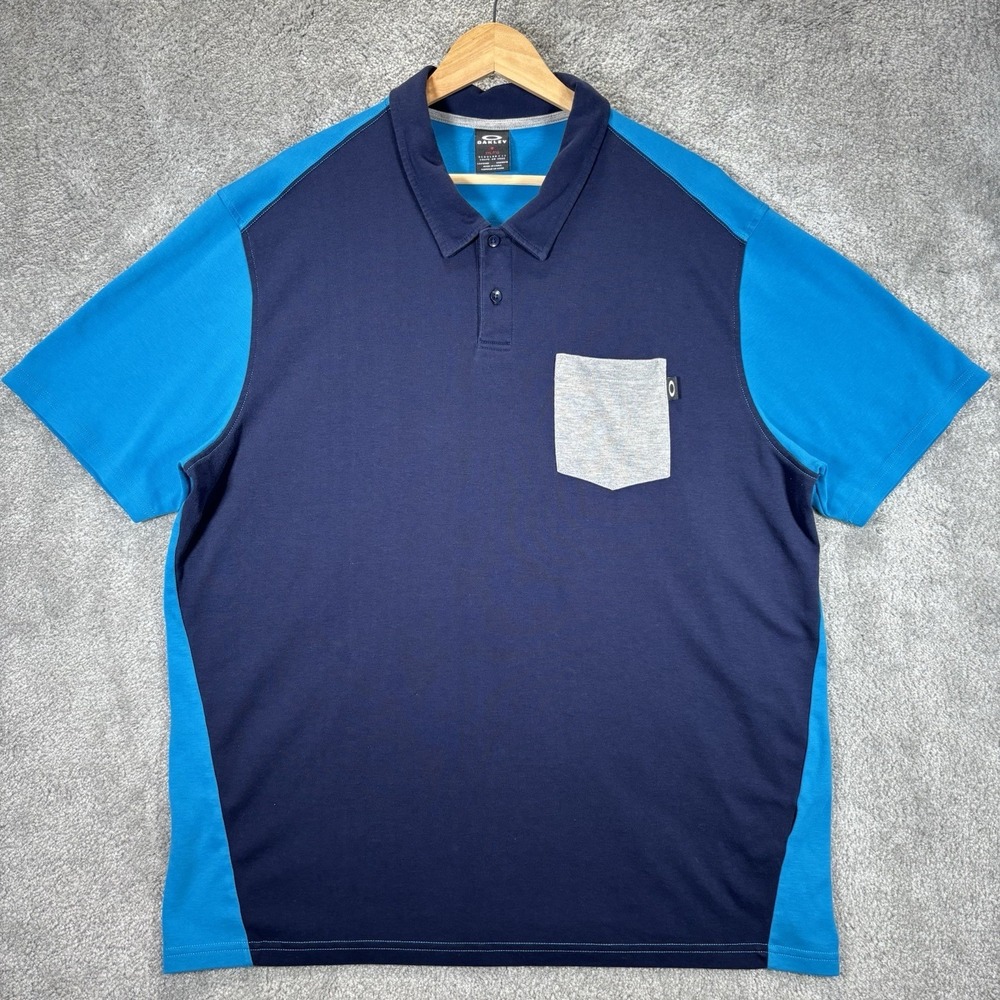 Oakley Polo Shirt Mens 2XL Blue Colorblock Cotton Short‎ Sleeve Pocket Golf